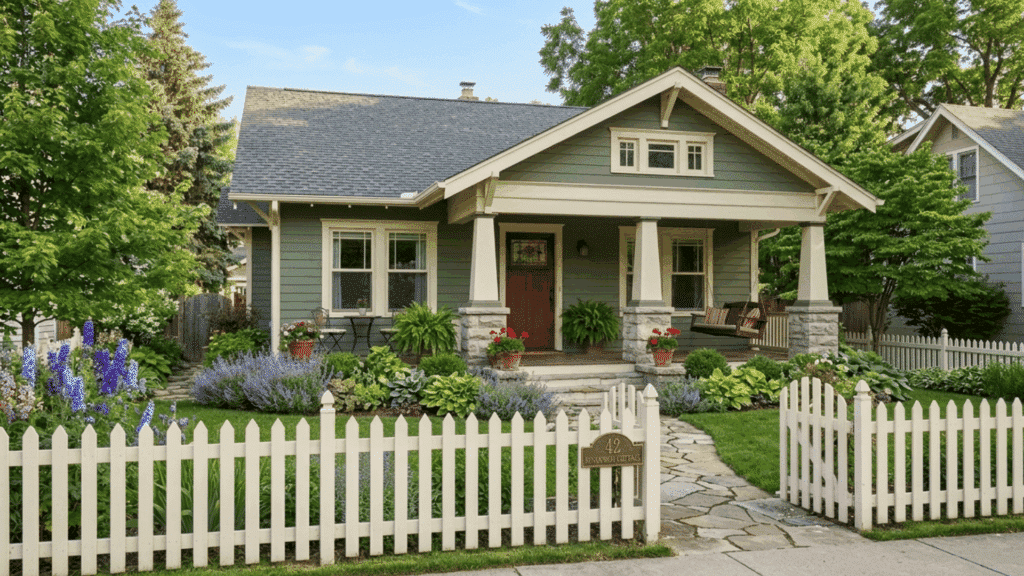 home with new white fence and decorative gate adding privacy structure and curb appeal to the exterior