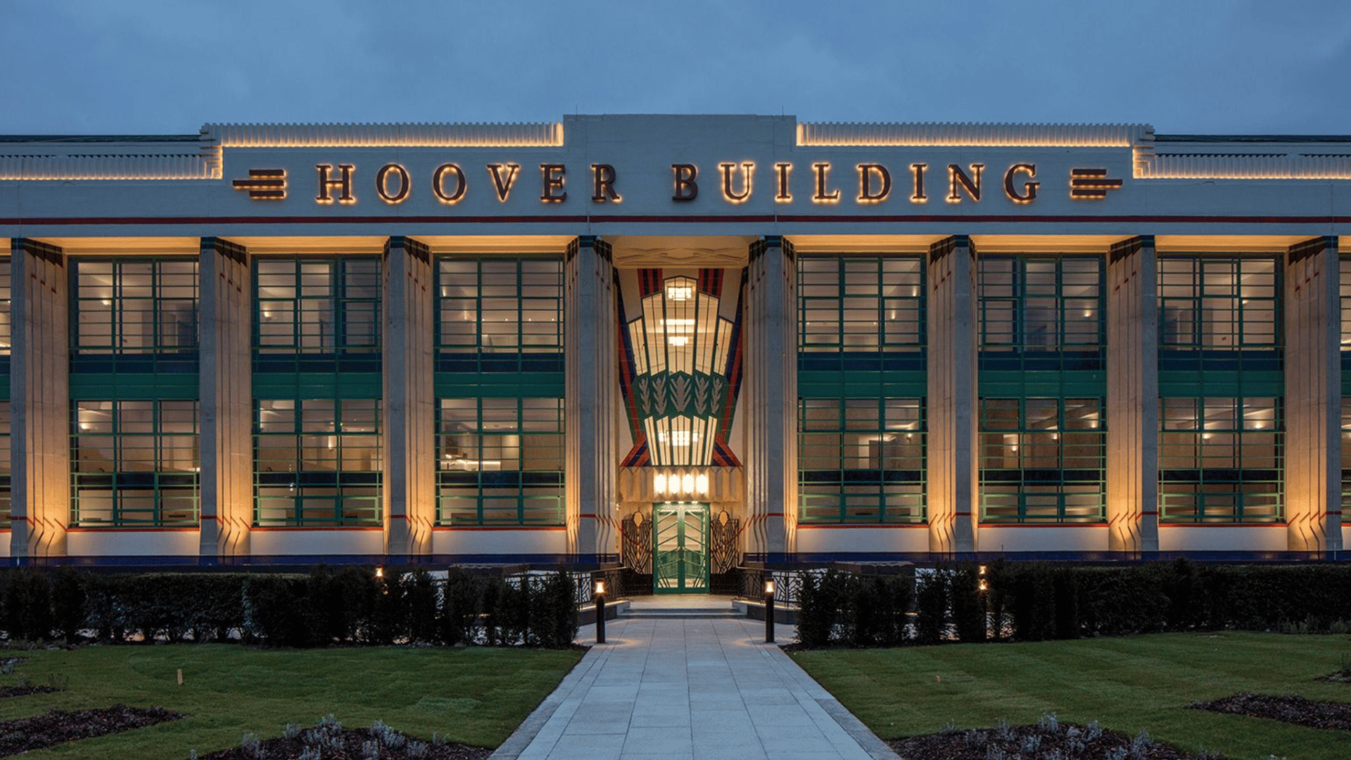 hoover Building with geometric patterns and clean lines, representing Art Deco european architecture style. (1)