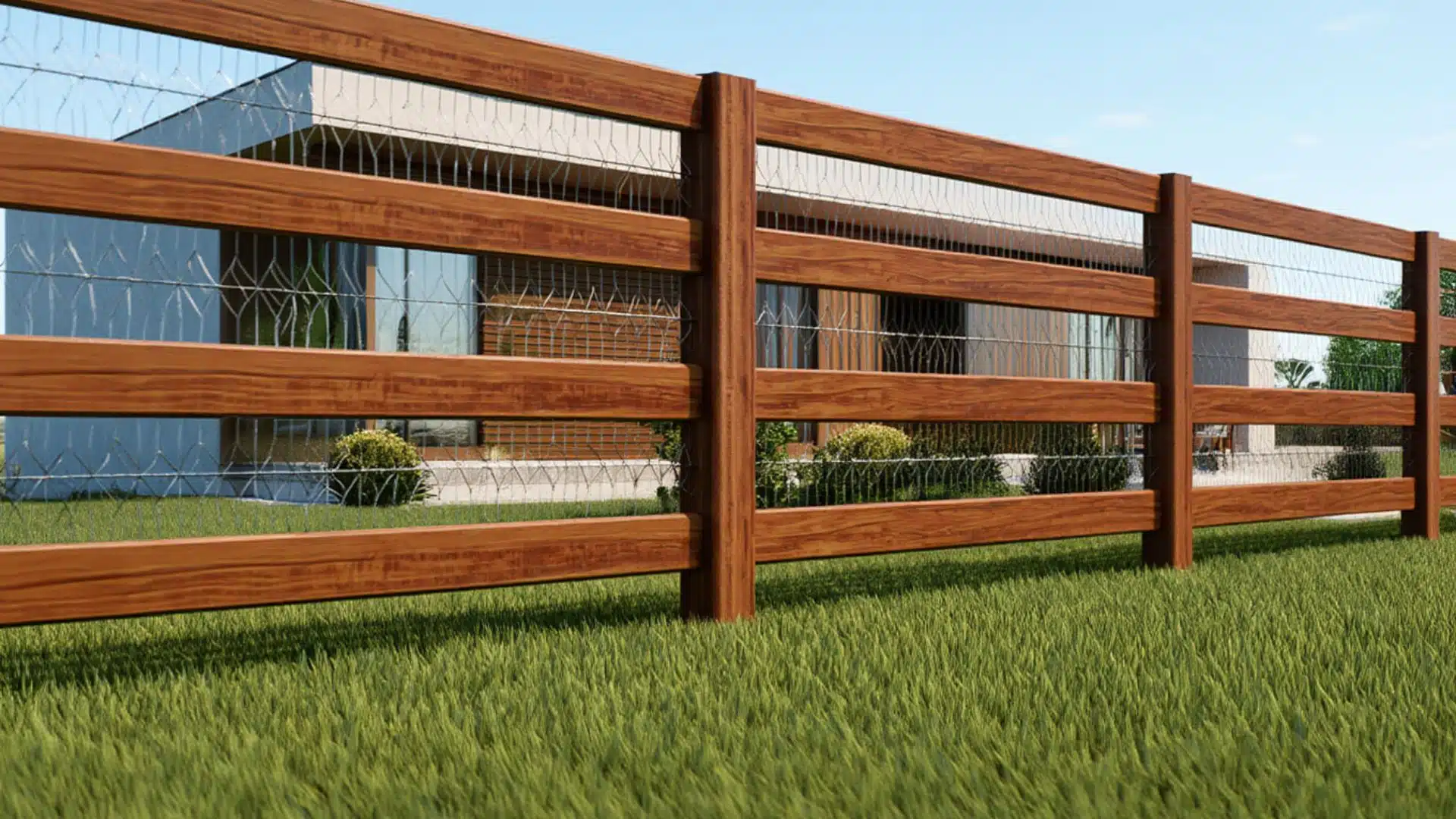 horizontal cedar wood rail fence with hog wire panels installed in a modern residential backyard