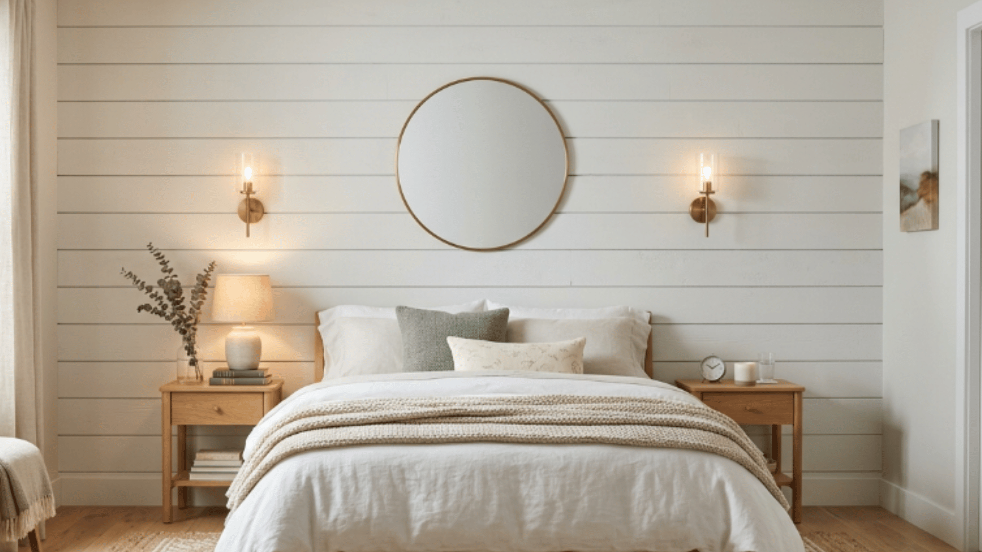 horizontal shiplap boards in light color creating a clean and simple layered wall design
