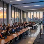 Audience listening to presenter at podium in modern conference room with sunset city view