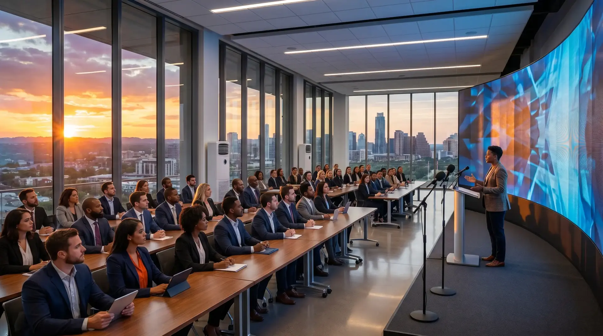 Audience listening to presenter at podium in modern conference room with sunset city view