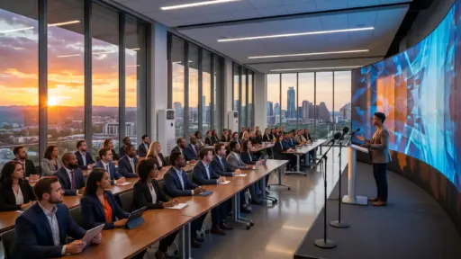 Audience listening to presenter at podium in modern conference room with sunset city view