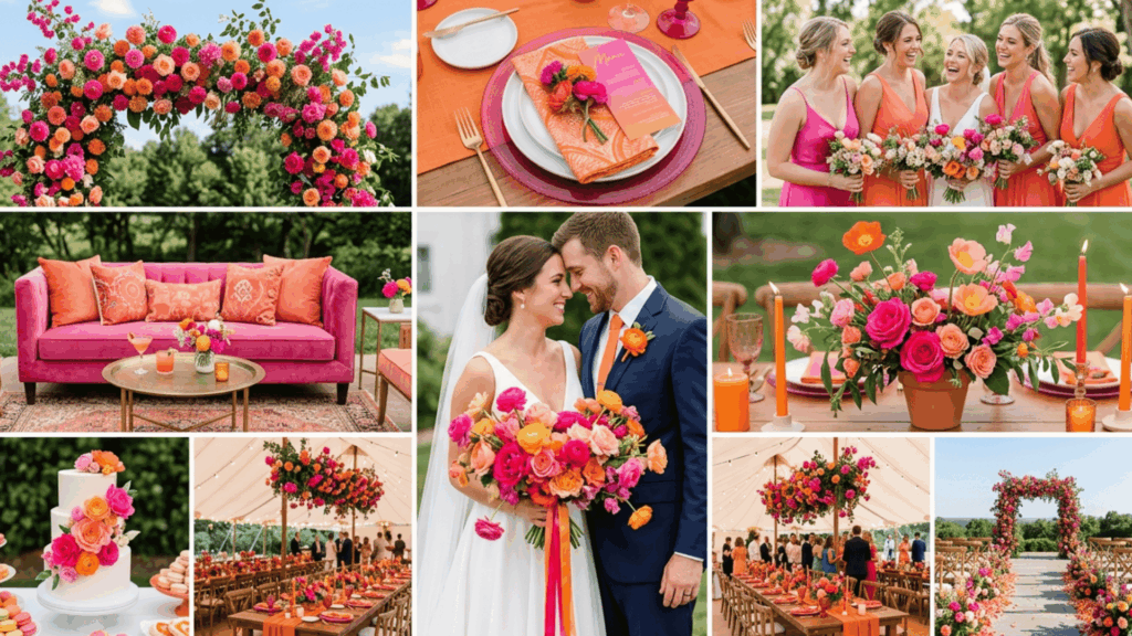 hot pink and orange wedding color scheme collage with bold florals bright decor and setup