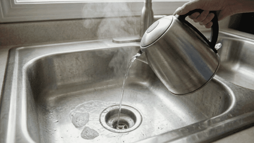 hot water being poured into drain to flush out loosened debris.