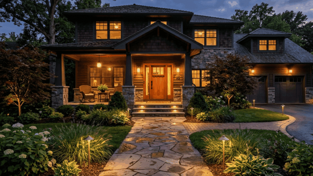 house exterior at dusk with pathway and entry lighting creating a warm and welcoming front yard