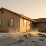 Single-story house with cracked walls and driveway in warm sunlight, surrounded by trees