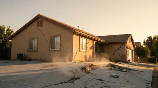 Single-story house with cracked walls and driveway in warm sunlight, surrounded by trees