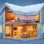 Cross-section of insulated house in snowy winter setting showing warm interior rooms