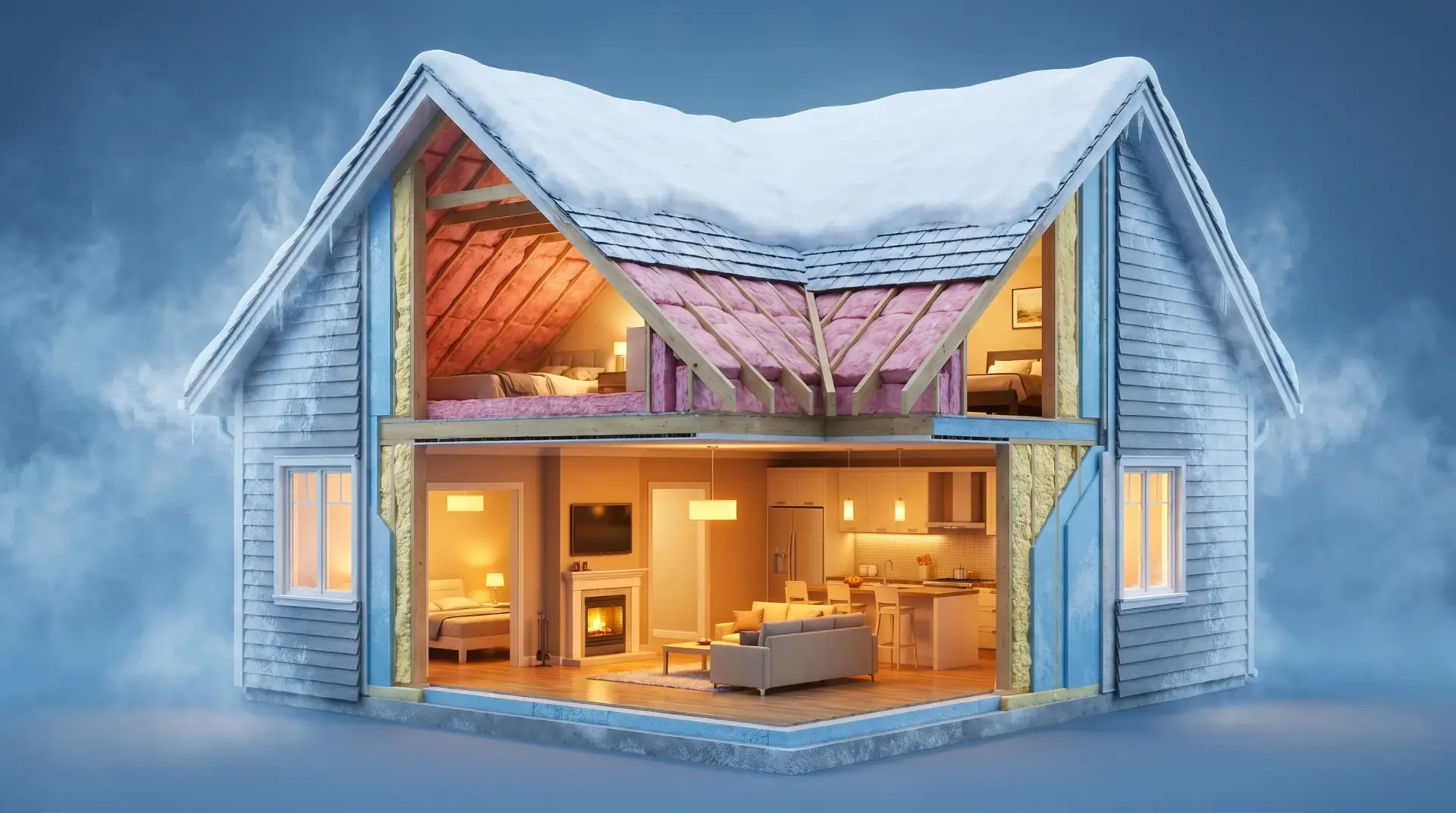 Cross-section of insulated house in snowy winter setting showing warm interior rooms