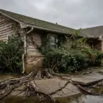 House with large tree roots breaking through cracked sidewalk in overcast weather