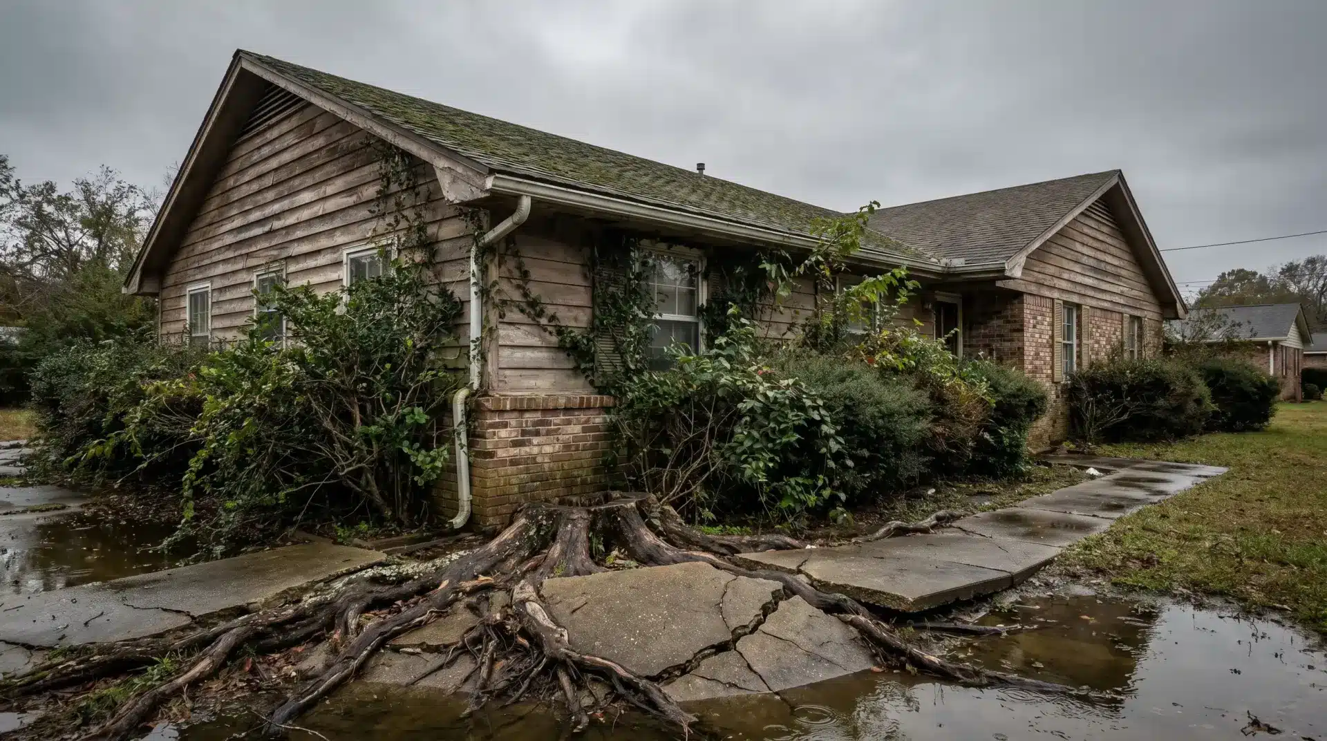 House with large tree roots breaking through cracked sidewalk in overcast weather