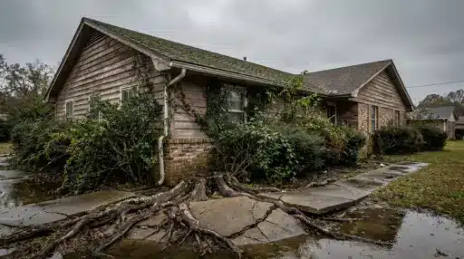 House with large tree roots breaking through cracked sidewalk in overcast weather