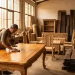 Woodworker polishing a wooden table in a sunlit workshop with furniture and lumber stacks