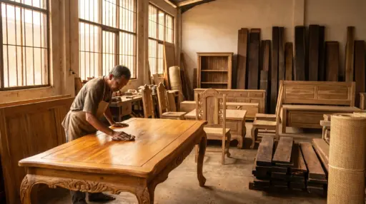 Woodworker polishing a wooden table in a sunlit workshop with furniture and lumber stacks