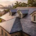Slate roof of residential house with dormer windows and city skyline in background during sunset