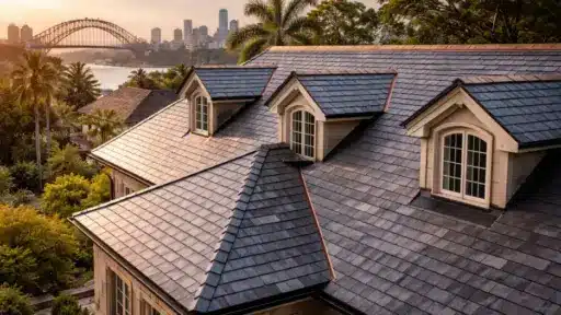 Slate roof of residential house with dormer windows and city skyline in background during sunset