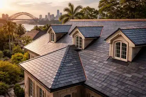 Slate roof of residential house with dormer windows and city skyline in background during sunset