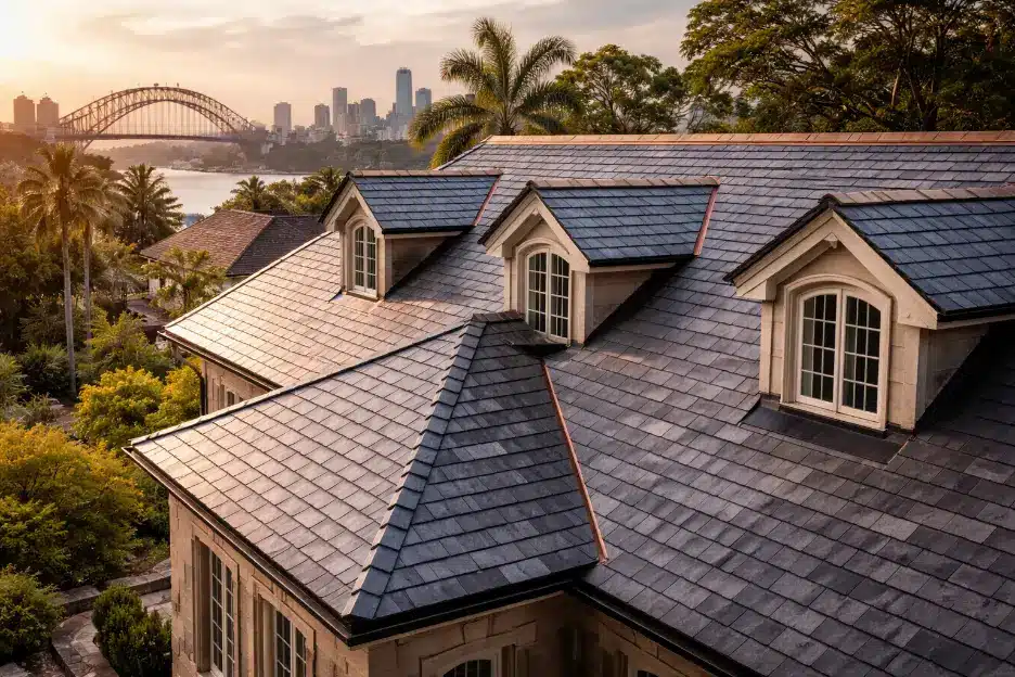 Slate roof of residential house with dormer windows and city skyline in background during sunset