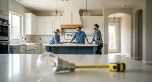Three people discussing renovation plans in a modern kitchen with white cabinets and pendant lights