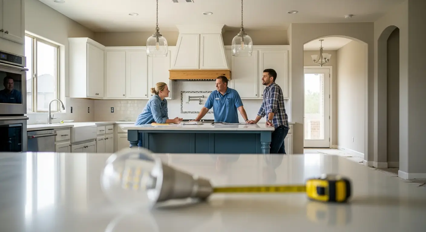 Three people discussing renovation plans in a modern kitchen with white cabinets and pendant lights