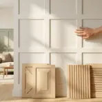 Hand touching white paneled wall in sunlit living room with plants and wooden decor elements