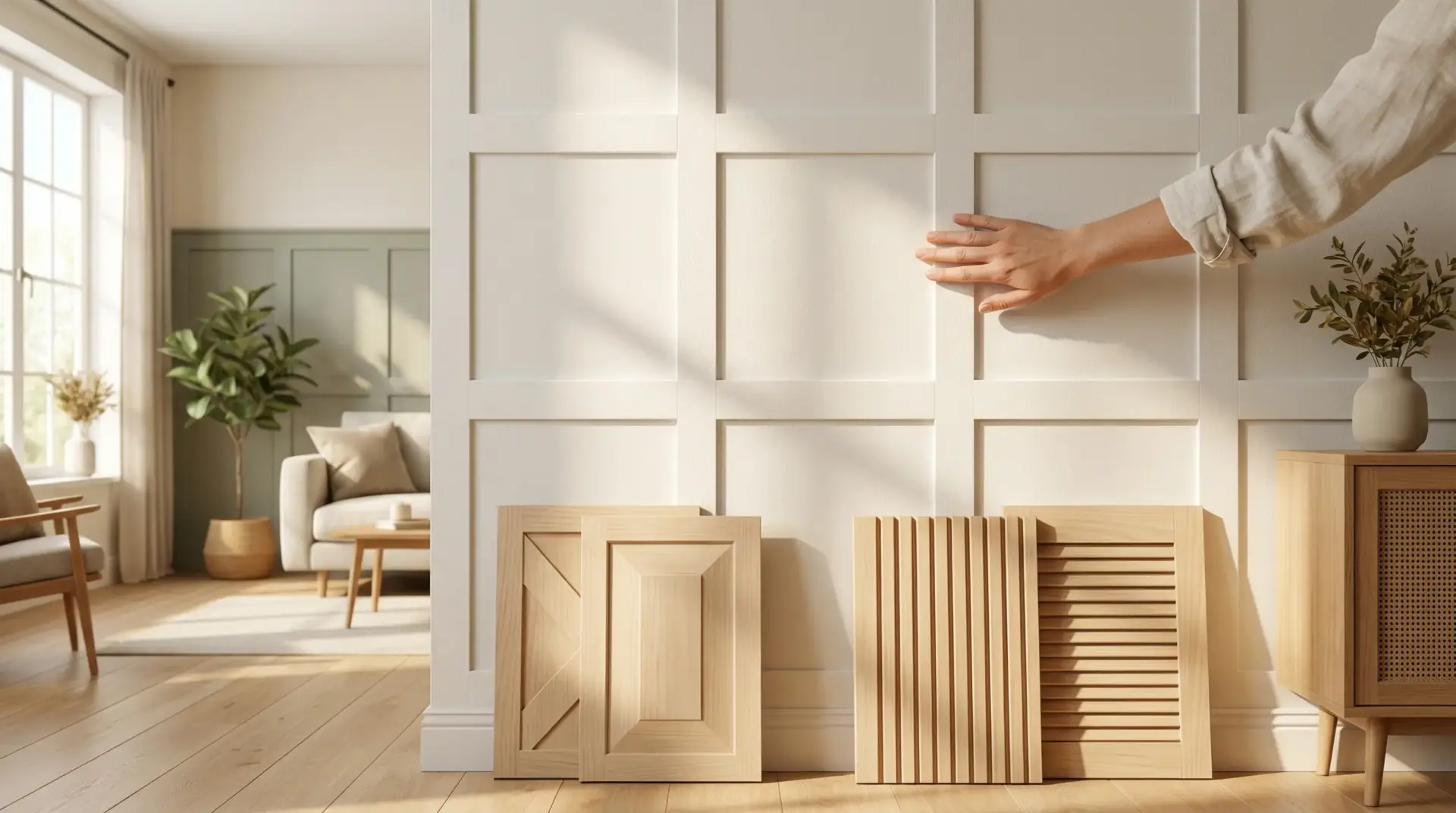Hand touching white paneled wall in sunlit living room with plants and wooden decor elements