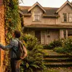 Person in denim jacket examining ivy-covered brick wall at rustic house entrance