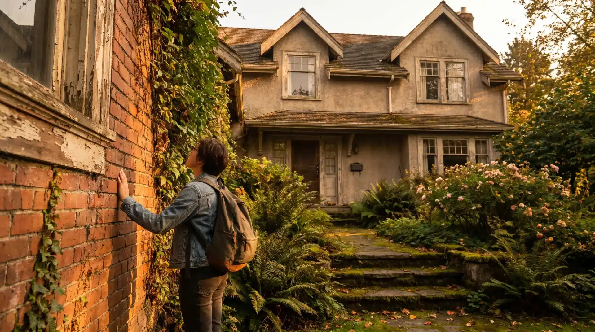 Person in denim jacket examining ivy-covered brick wall at rustic house entrance