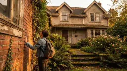 Person in denim jacket examining ivy-covered brick wall at rustic house entrance