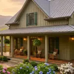 Charming country house with porch, rocking chairs, flowers, and mountain view at sunset