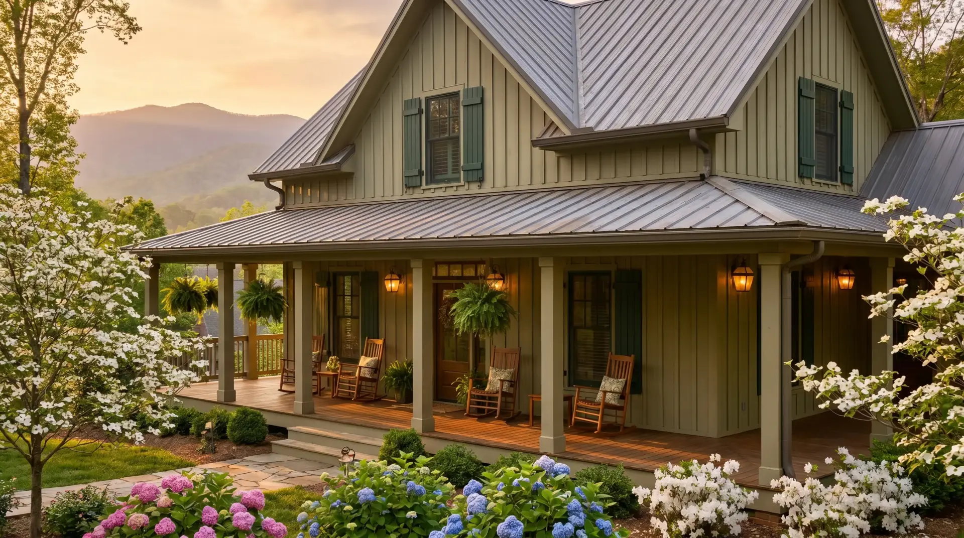 Charming country house with porch, rocking chairs, flowers, and mountain view at sunset