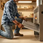 Man in flannel shirt inserting air filter into furnace in workshop environment