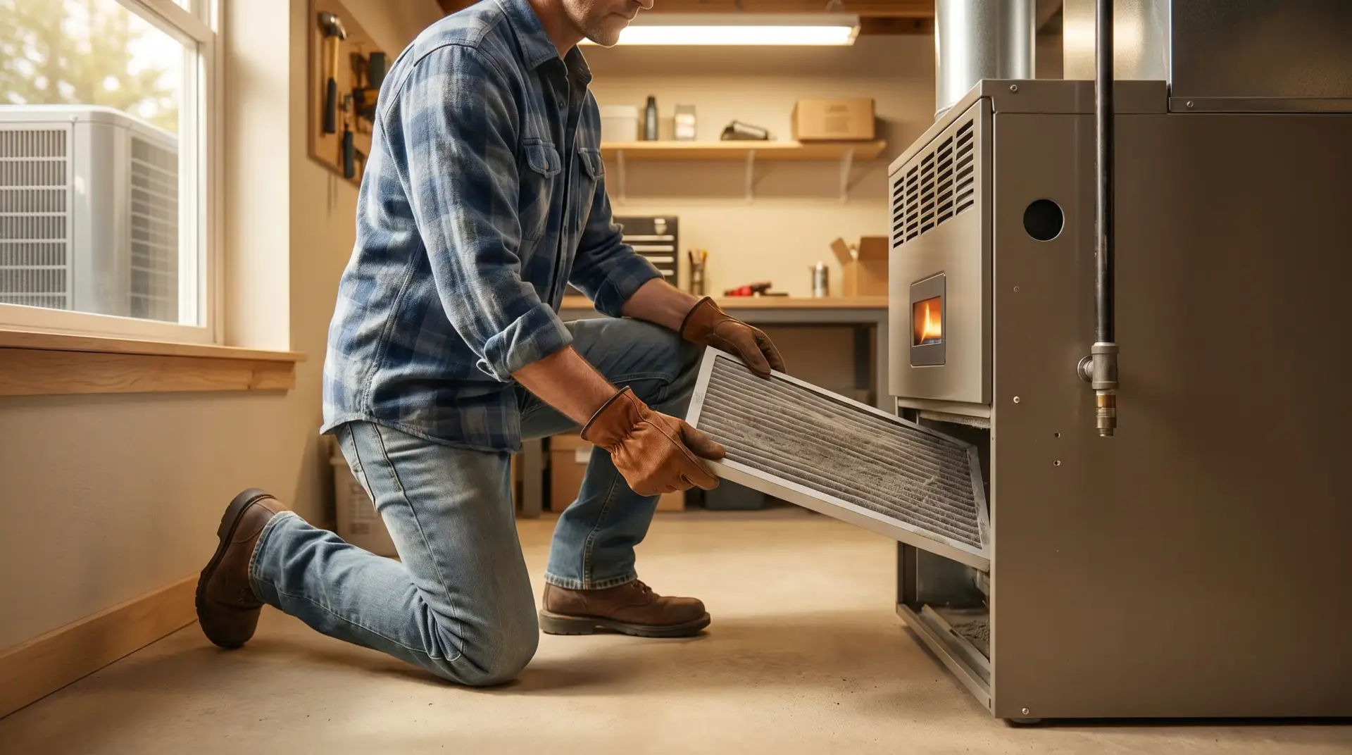 Man in flannel shirt inserting air filter into furnace in workshop environment