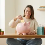 Woman placing coin into pink piggy bank on wooden table with shopping bags and plants