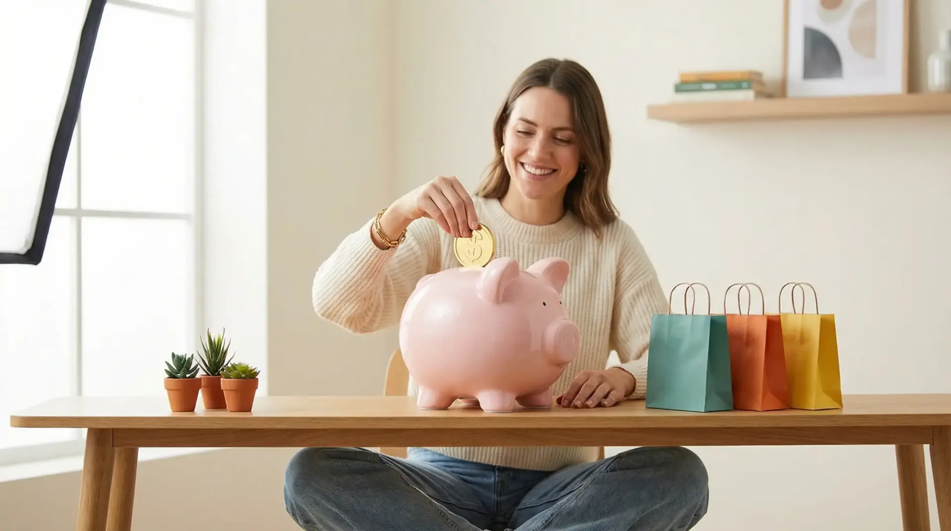 Woman placing coin into pink piggy bank on wooden table with shopping bags and plants