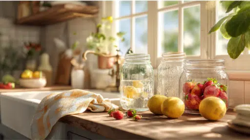 how to sterilize jars at home for safe canning with clean glass jars on kitchen counter