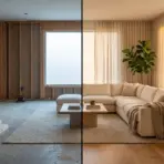 Room transformation with unfinished construction and modern living room featuring beige furniture and plants