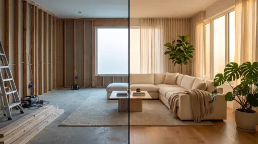 Room transformation with unfinished construction and modern living room featuring beige furniture and plants