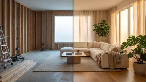 Room transformation with unfinished construction and modern living room featuring beige furniture and plants