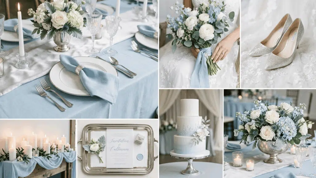 ice blue and platinum wedding color scheme collage with cool tones candles and modern decor