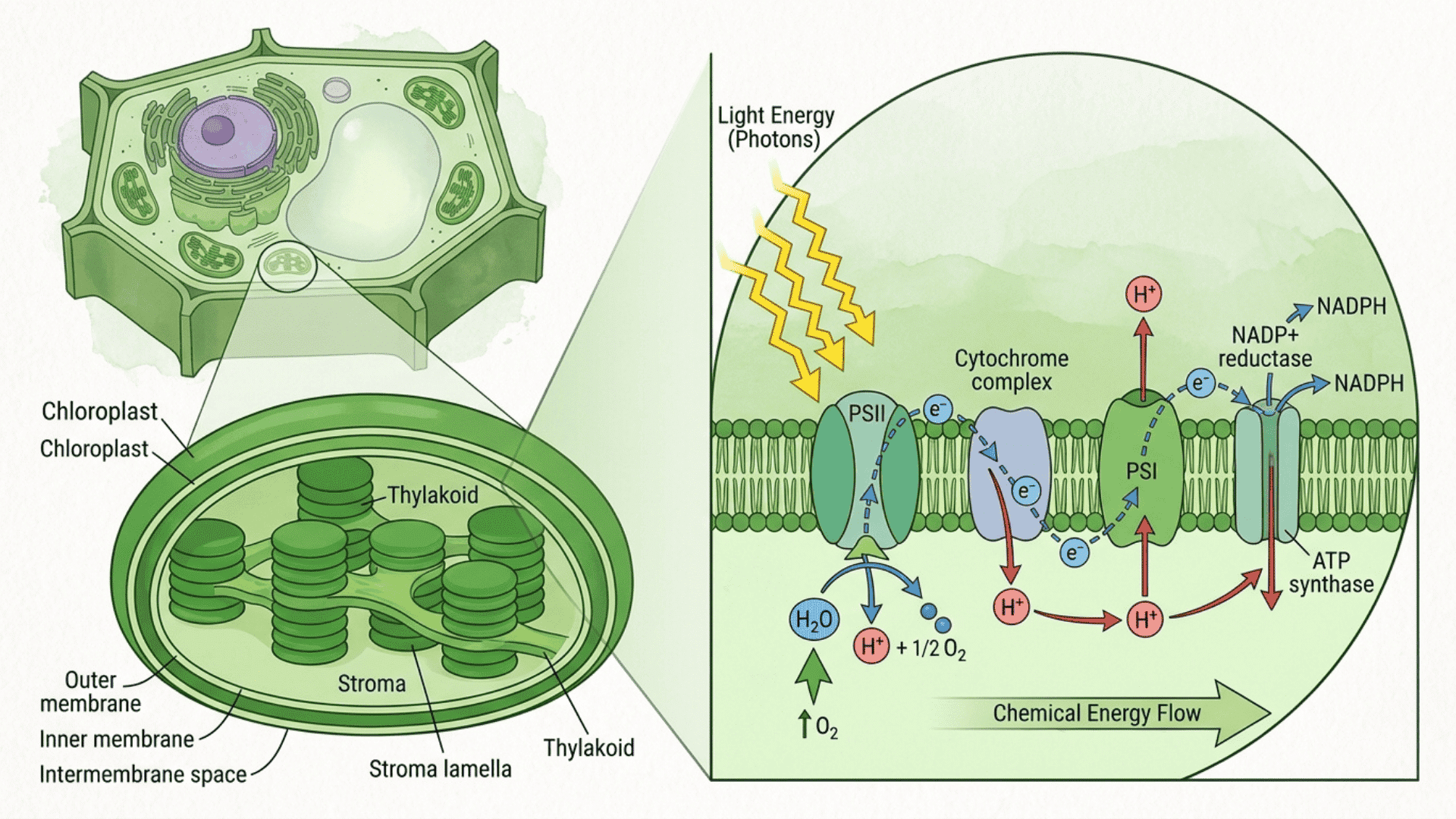 illustration of chloroplast showing light splitting water into electrons and energy flow inside plant cell clearly