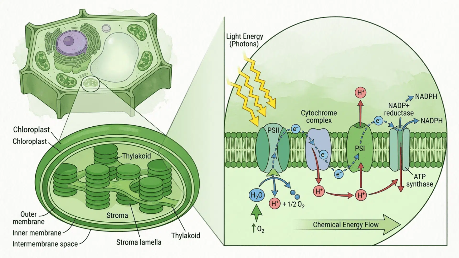 illustration of chloroplast showing light splitting water into electrons and energy flow inside plant cell clearly