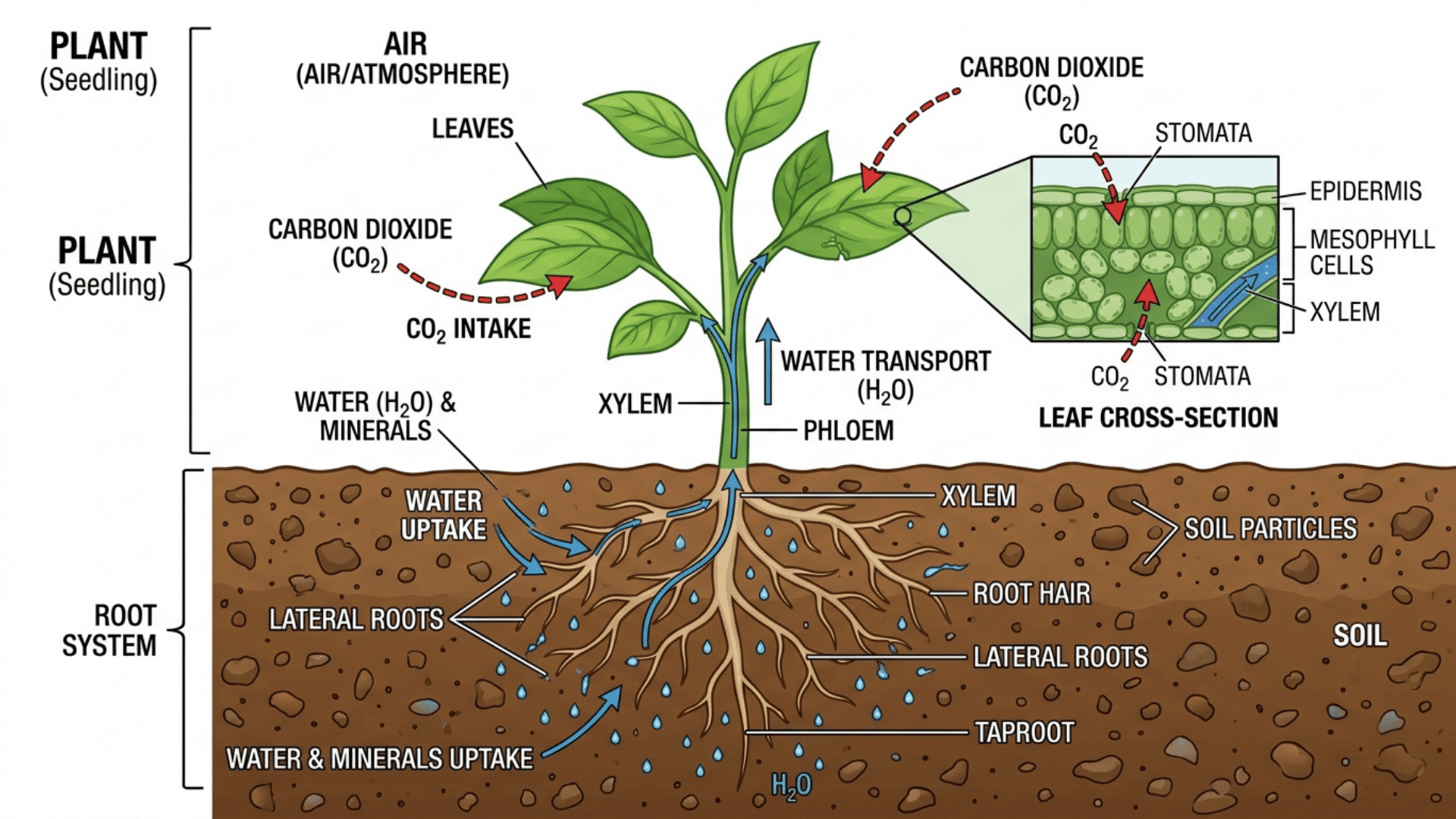 illustration showing plant roots absorbing water and leaves taking in carbon dioxide with arrows explaining flow