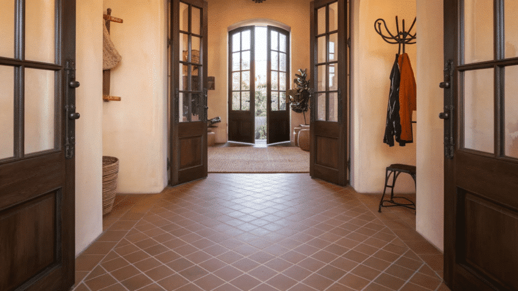 image depicts a charming entryway with a warm, inviting atmosphere. It features double wooden doors with glass panels that allow plenty of natural light to enter the space.