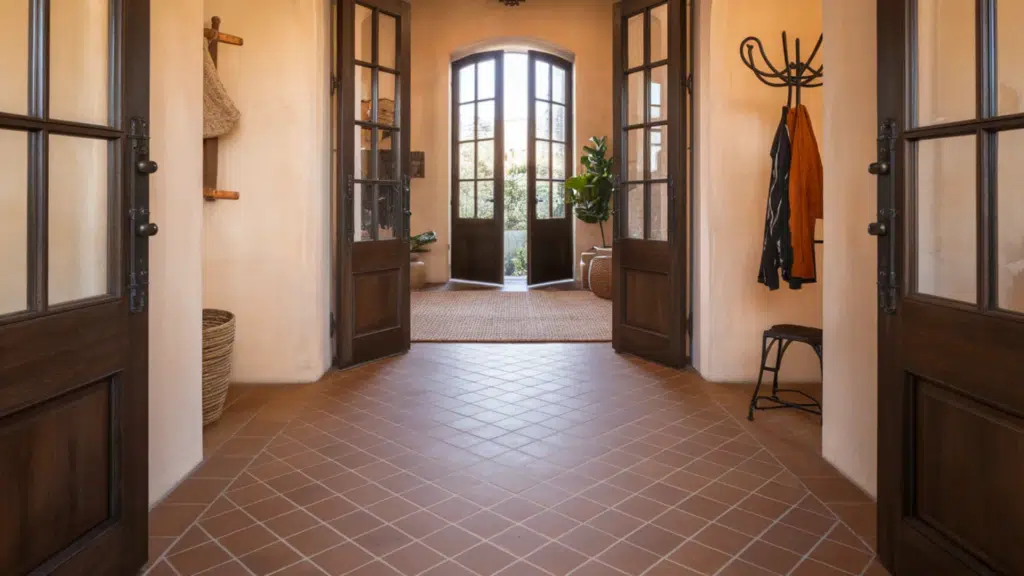 image depicts a charming entryway with a warm, inviting atmosphere. It features double wooden doors with glass panels that allow plenty of natural light to enter the space.