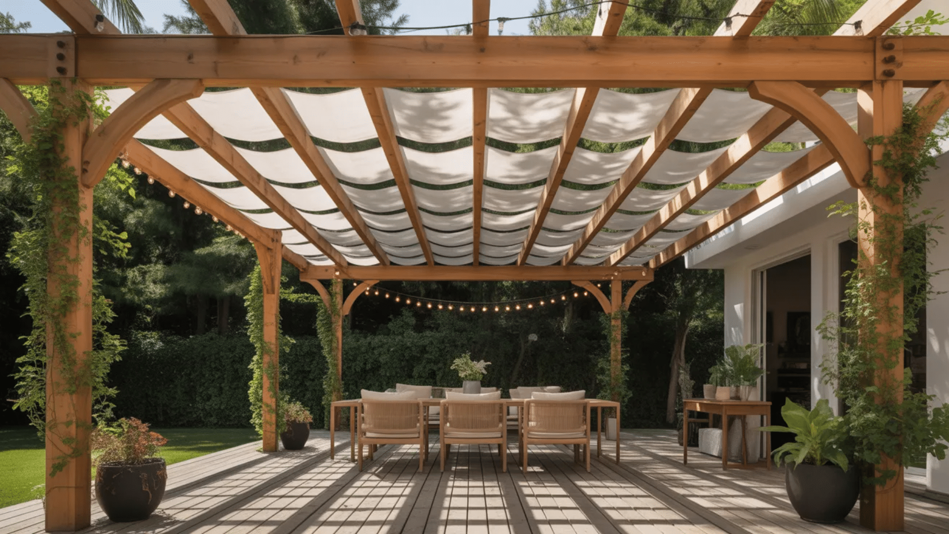 image depicts a stylish wooden pergola with draped fabric and hanging lights, creating a cozy and inviting outdoor dining space (1)