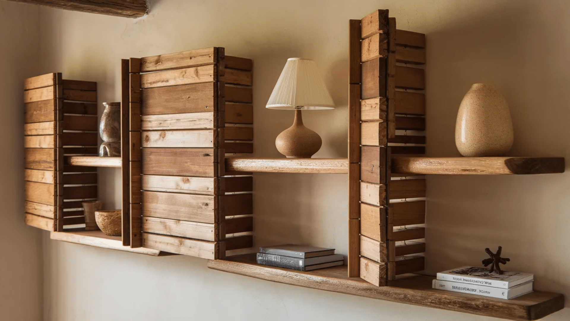 image features a charming set of wooden shelves mounted on the wall, designed with rustic appeal. The shelves are framed by wooden slats, providing a distinctive and textured look that complements