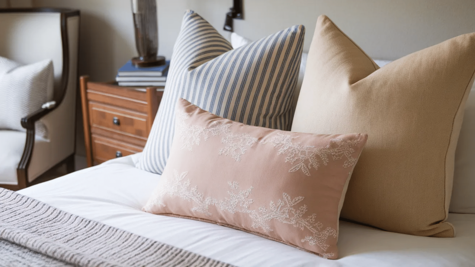 image features a cozy and stylish bedroom setup with a bed adorned with multiple pillows. There is a combination of striped and plain beige pillows with a soft blush pink one in the center, decora