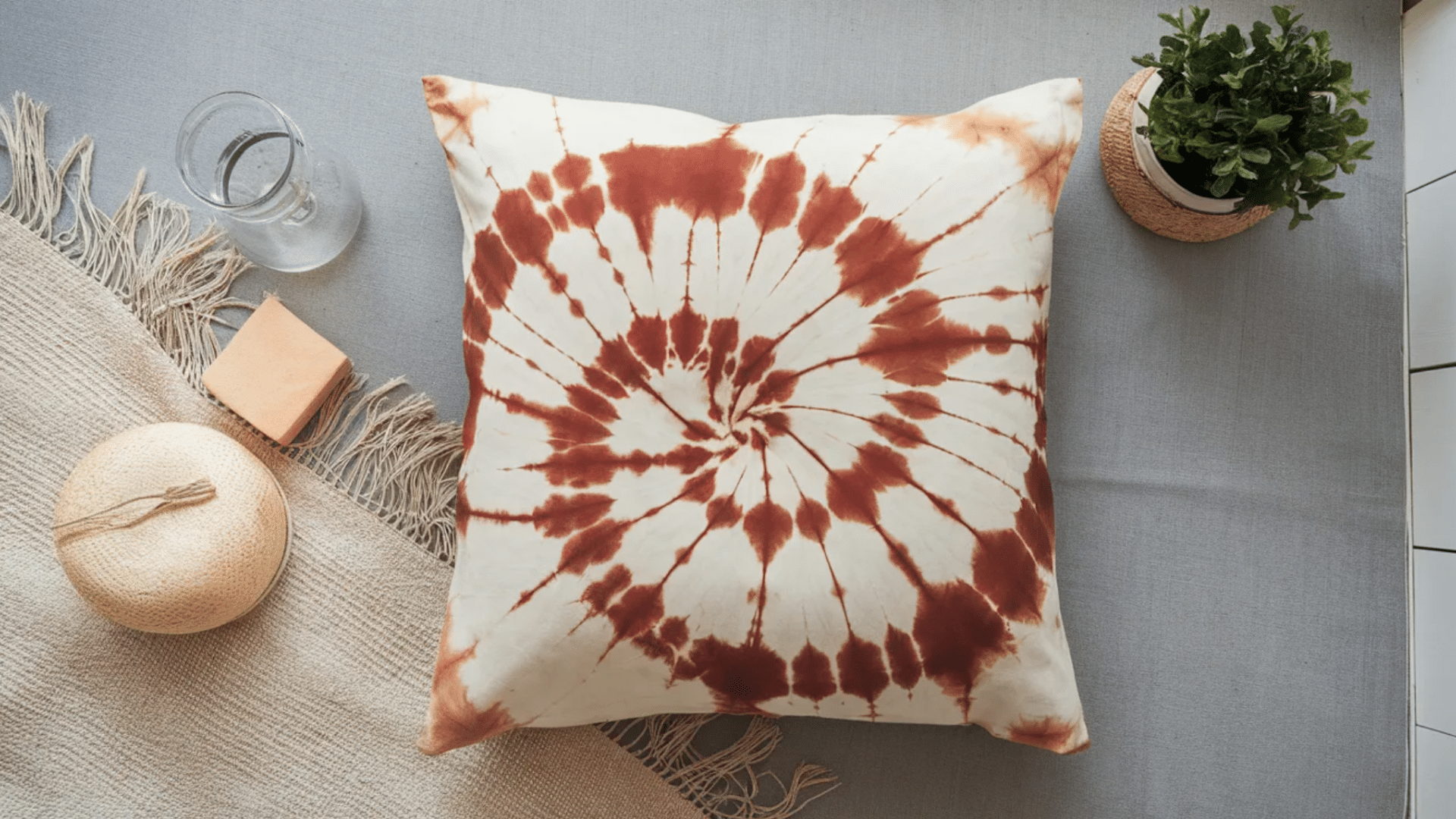 image features a cozy, laid-back setup showcasing a beautiful tie-dye pillow with a rich brown spiral pattern, sitting atop a light gray surface. Surrounding the pillow are simple and natural deco